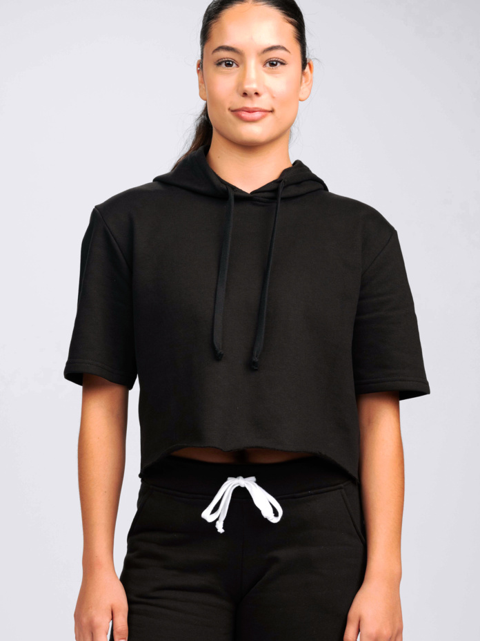 Studio Essentials Ladies Short Sleeve Raw Edge Crop Hoodie Thumbnail